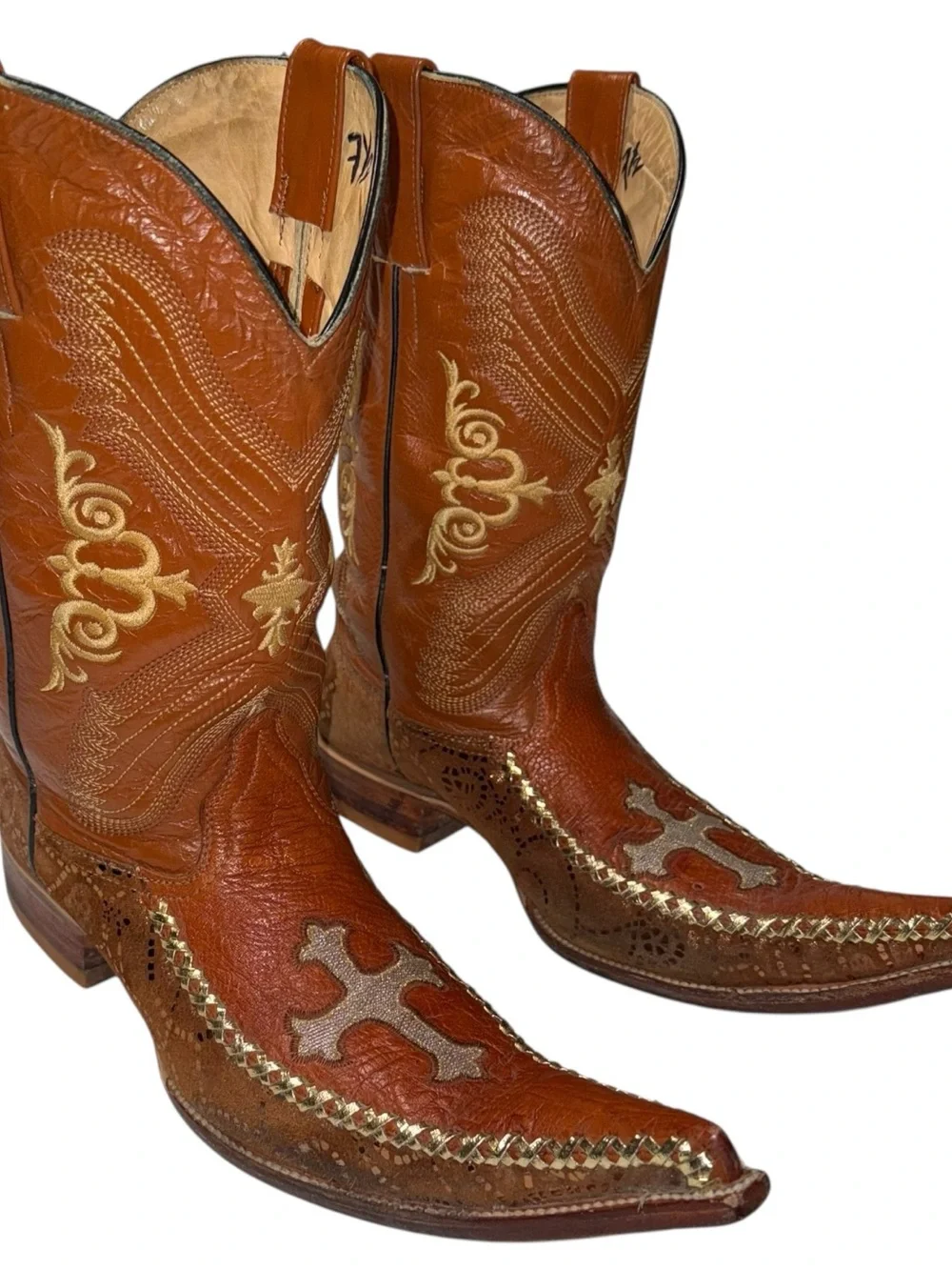 Vtg Laredo Leather Long Pointed Square Snip Toe Embroidered Cross Conquistador